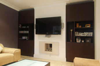 Fitted alcove media and storage cupboards in wenge