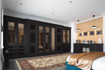 Wardrobes and sideboard in dark oak with mirror and leather inserts - Henry IV range